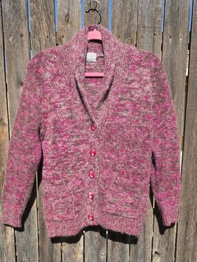 Vintage 100% Shetland Wool Saks Fifth Avenue Pink Marled Shawl Collar Cardigan